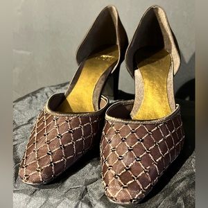 Mootsie Tootsie Brown Satin Sequined Heels 9